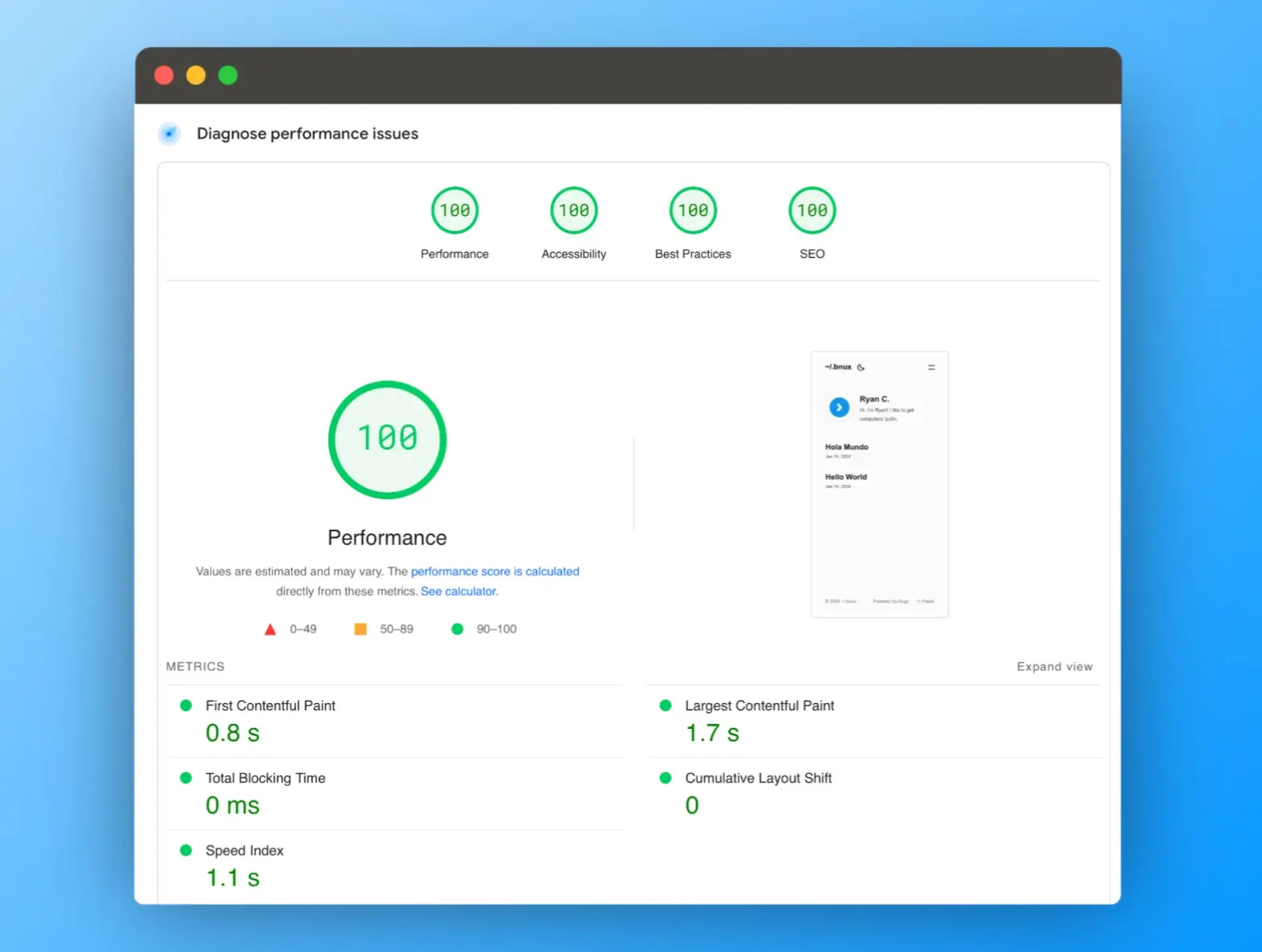 Pagespeed test results showing a perfect 100 score for Performance, Accessibility, Best Practices, and SEO
